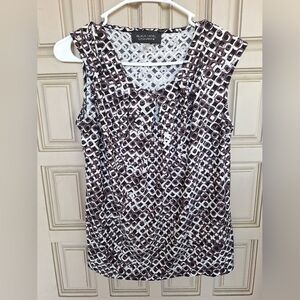 Black Label SzM Blouse Sleeveless Poly/Spandex Brn/Blk Geometric Round Neck